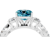 White gold Cushion Cut Blue Topaz Three-Stone Ring with Pavé Split Shank and Four-Prong Setting_16
