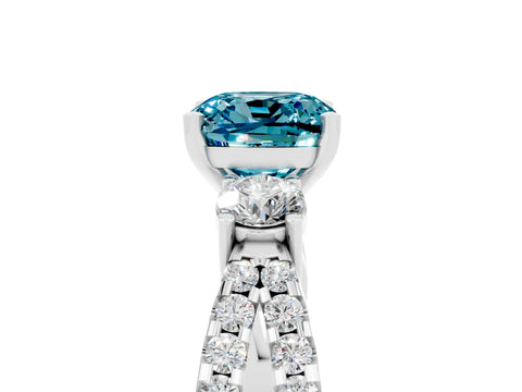 White gold Cushion Cut Blue Topaz Three-Stone Ring with Pavé Split Shank and Four-Prong Setting_17