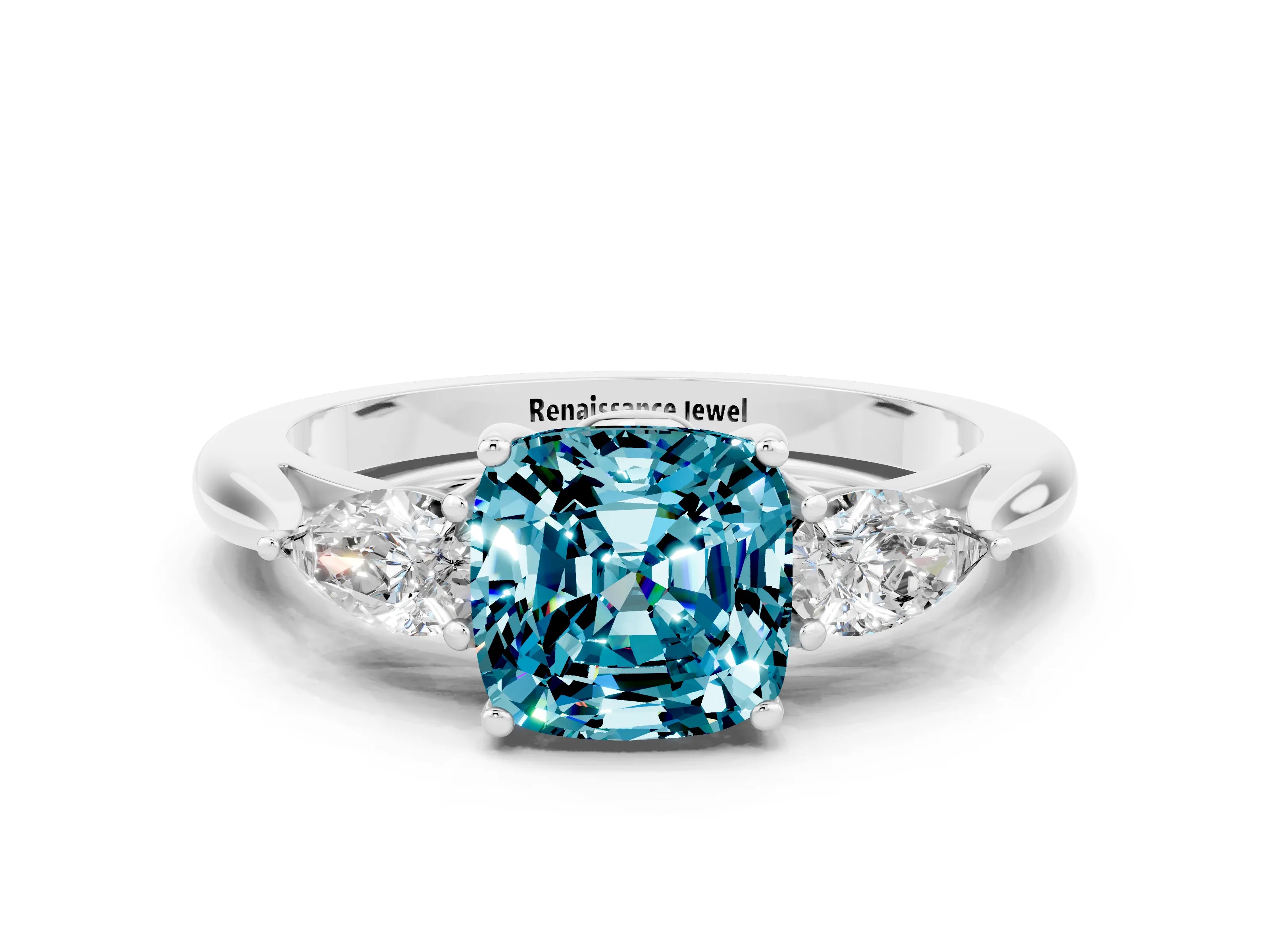 White gold Cushion Cut Blue Topaz Three-Stone Ring with Pear Side Stones and Four-Prong Setting_12