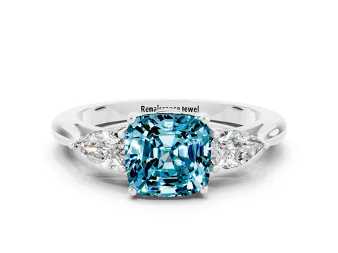 White gold Cushion Cut Blue Topaz Three-Stone Ring with Pear Side Stones and Four-Prong Setting_12