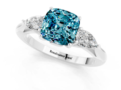 White gold Cushion Cut Blue Topaz Three-Stone Ring with Pear Side Stones and Four-Prong Setting_13