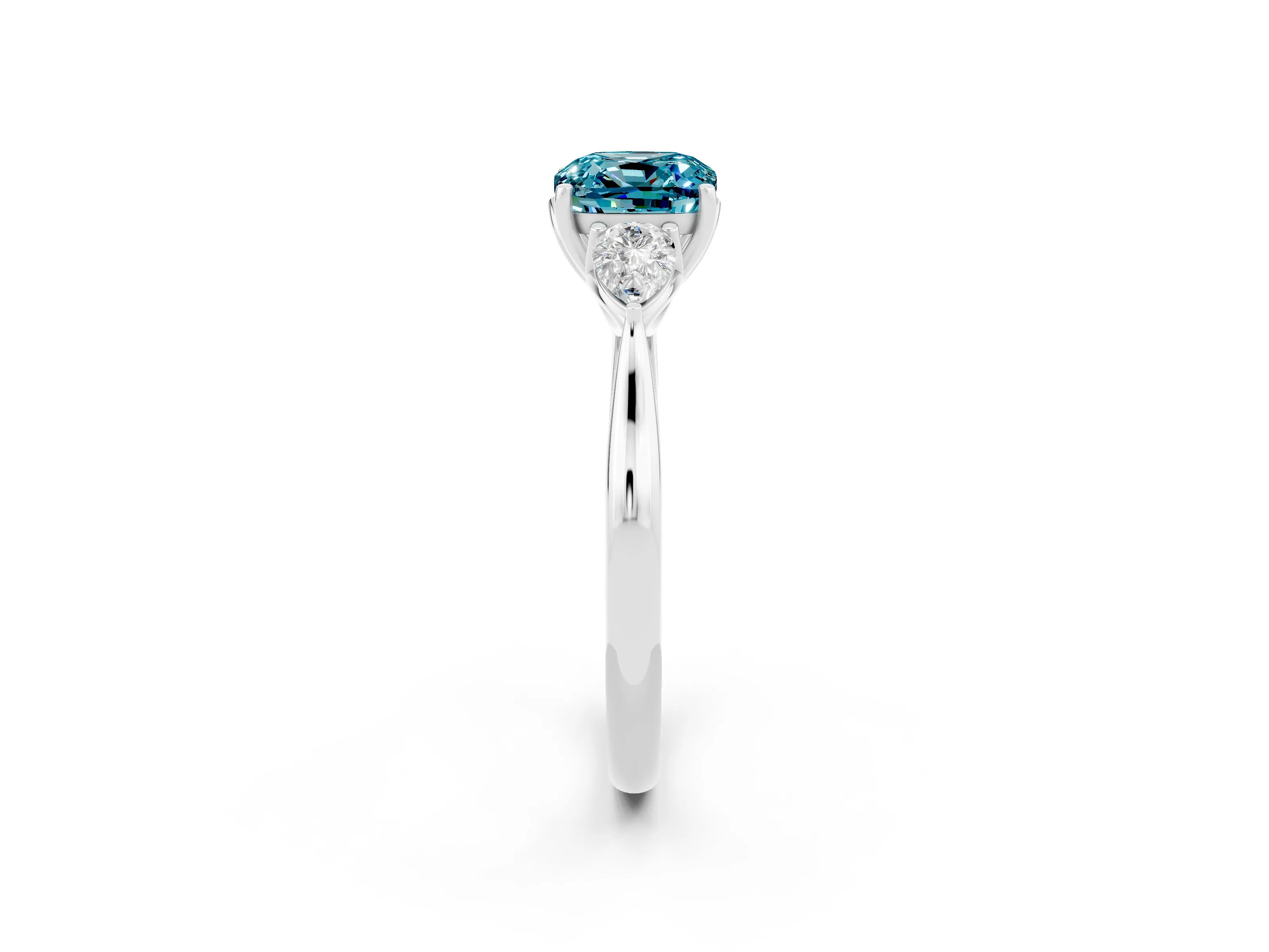 White gold Cushion Cut Blue Topaz Three-Stone Ring with Pear Side Stones and Four-Prong Setting_14