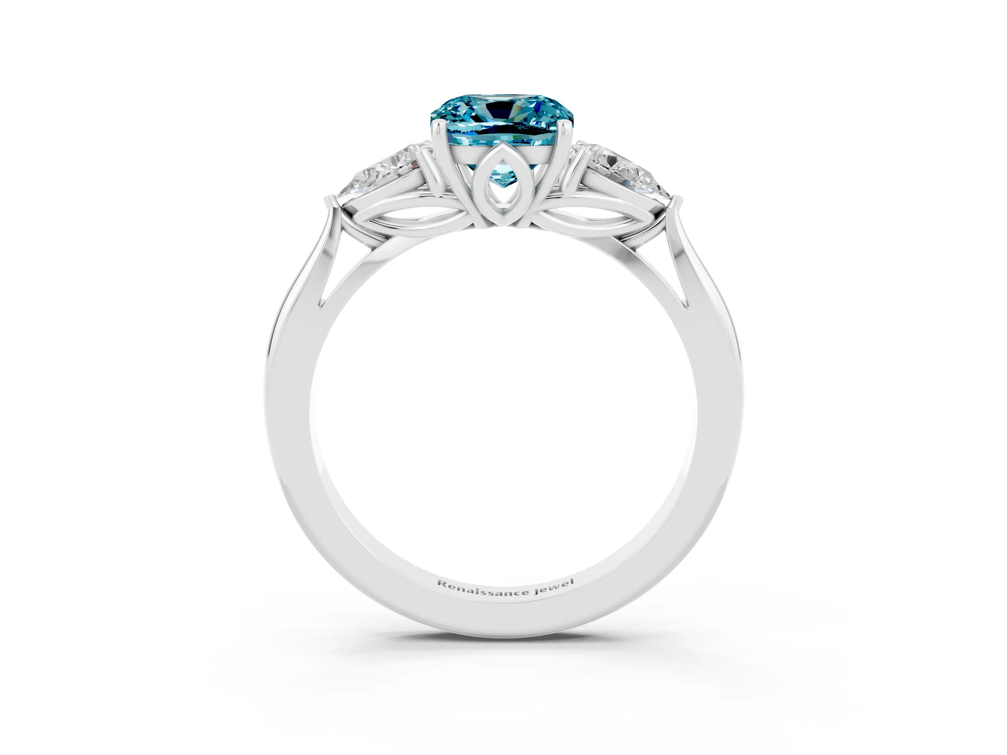 White gold Cushion Cut Blue Topaz Three-Stone Ring with Pear Side Stones and Four-Prong Setting_15