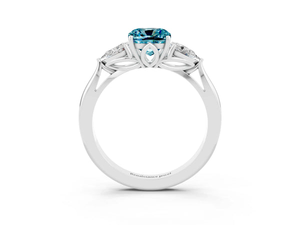 White gold Cushion Cut Blue Topaz Three-Stone Ring with Pear  Side Stones and Prong Setting