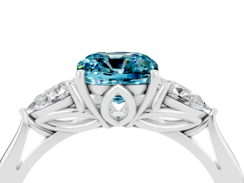 White gold Cushion Cut Blue Topaz Three-Stone Ring with Pear Side Stones and Four-Prong Setting_16