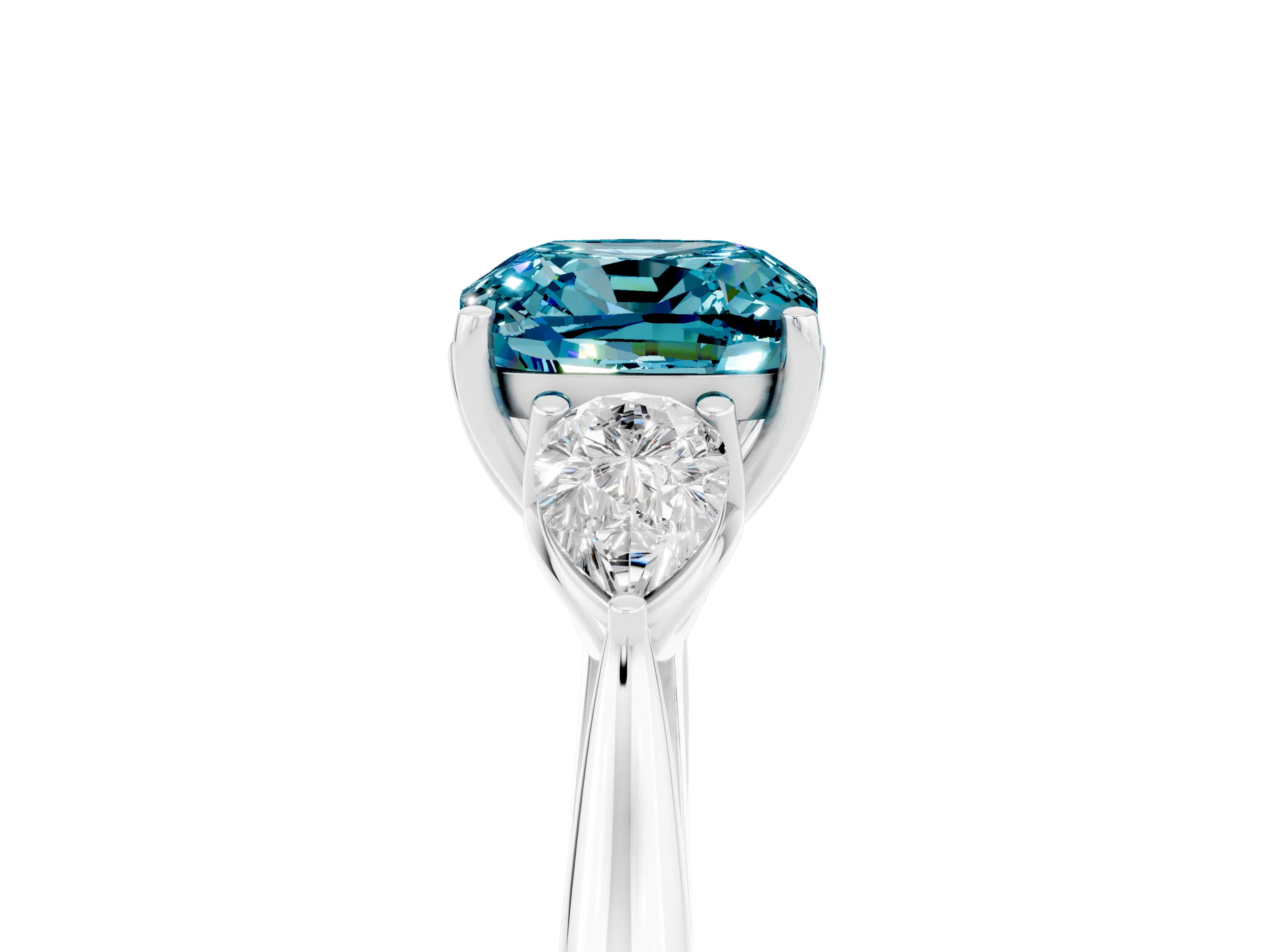 White gold Cushion Cut Blue Topaz Three-Stone Ring with Pear Side Stones and Four-Prong Setting_17