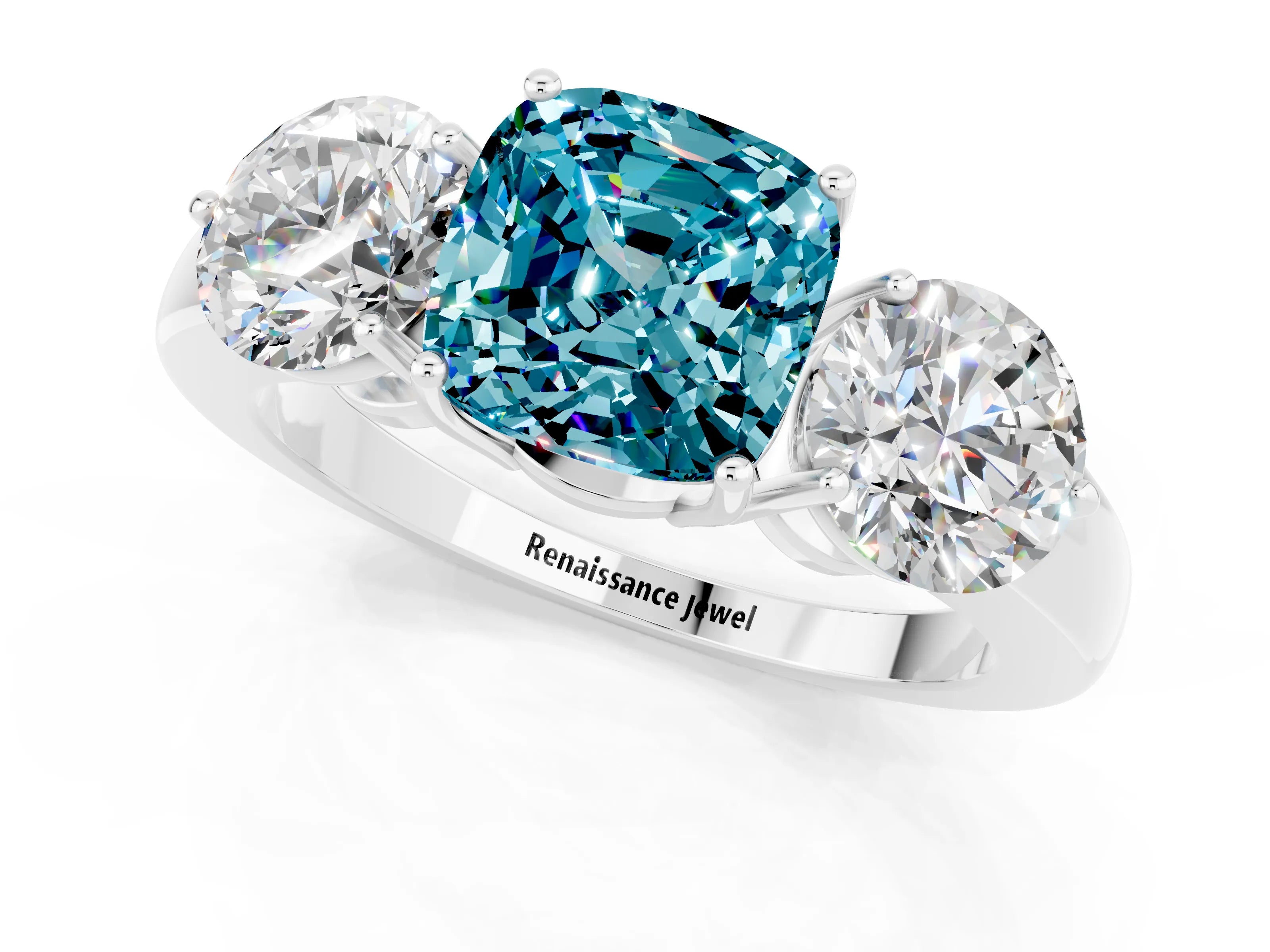 White gold Cushion Cut Blue Topaz Three-Stone Ring with Prong Setting and Classic Band_1