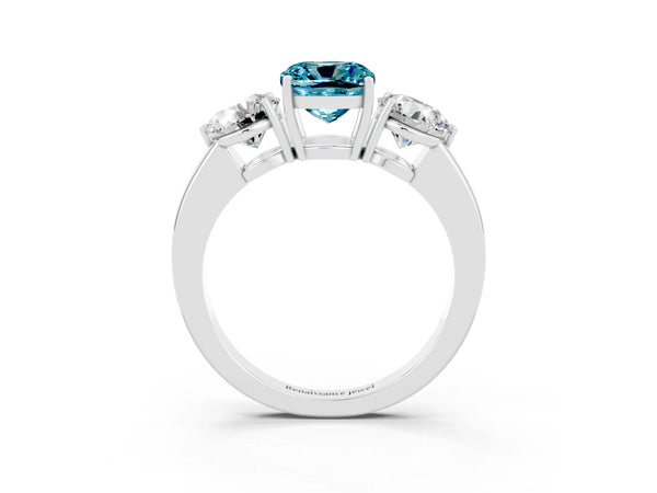 Silver Cushion Cut Blue Topaz Three-Stone Ring with Prong Setting and Classic Band