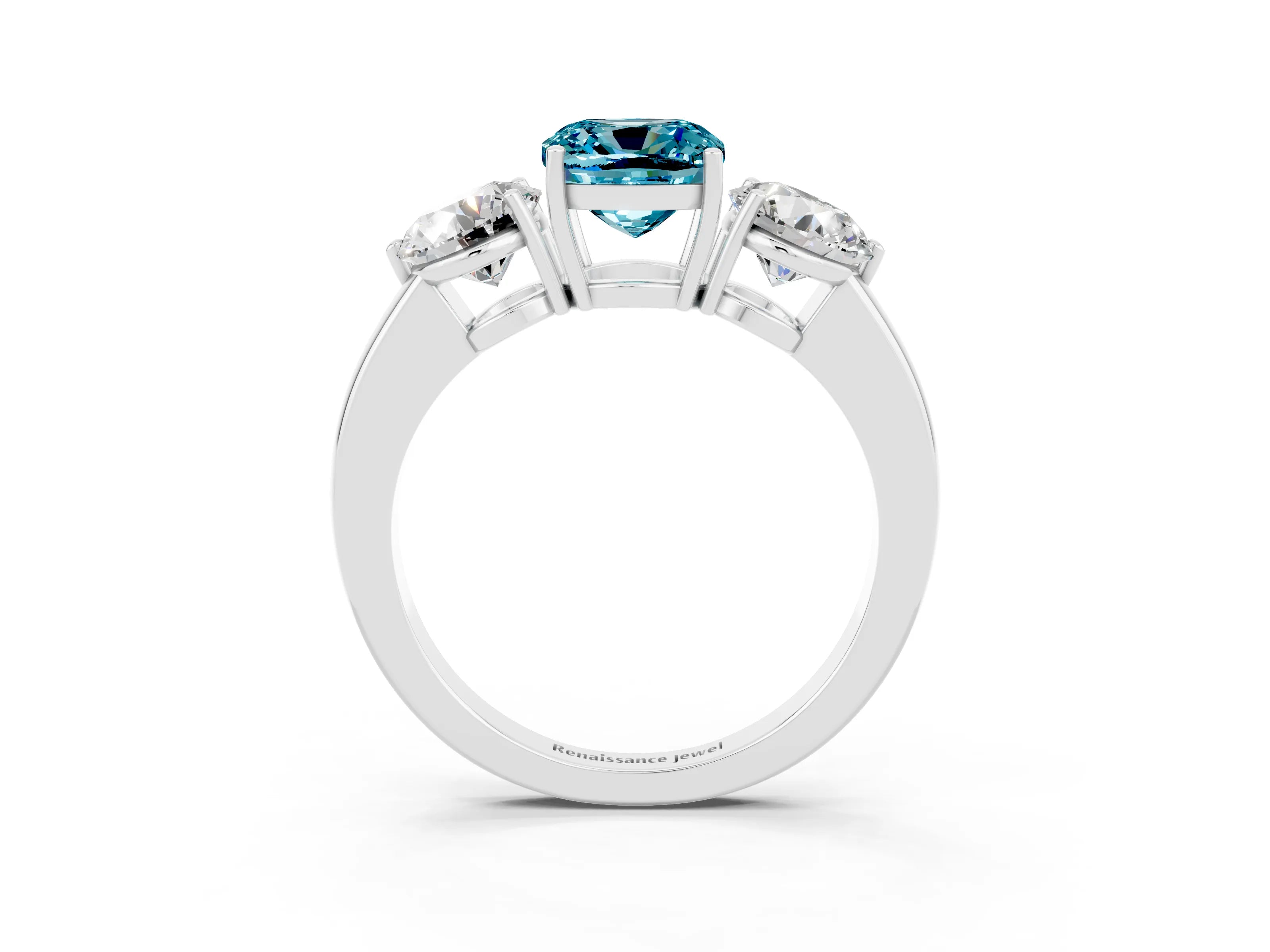 White gold Cushion Cut Blue Topaz Three-Stone Ring with Prong Setting and Classic Band_3