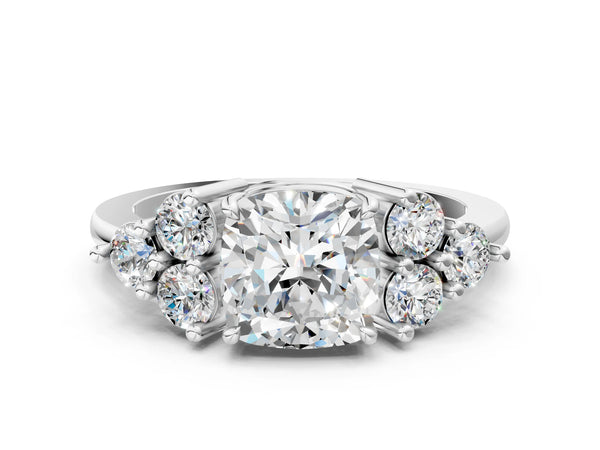 White gold Round Brilliant Diamond Cluster Accent Solitaire Ring with Prong Setting