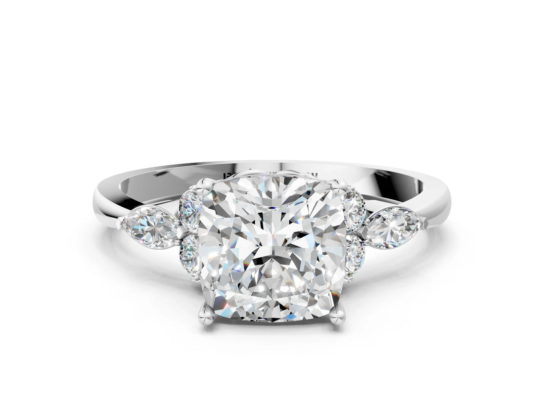 White gold Cushion Cut Brilliant Diamond Solitaire Ring with Pear Side Stones and Four-Prong Setting_12