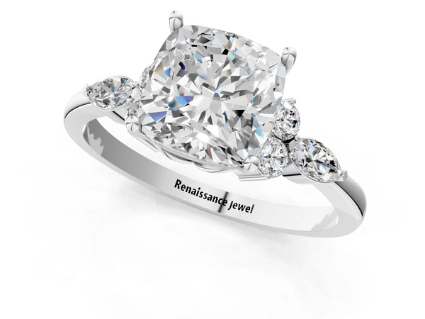 White gold Cushion Cut Brilliant Diamond Solitaire Ring with Pear Side Stones and Four-Prong Setting