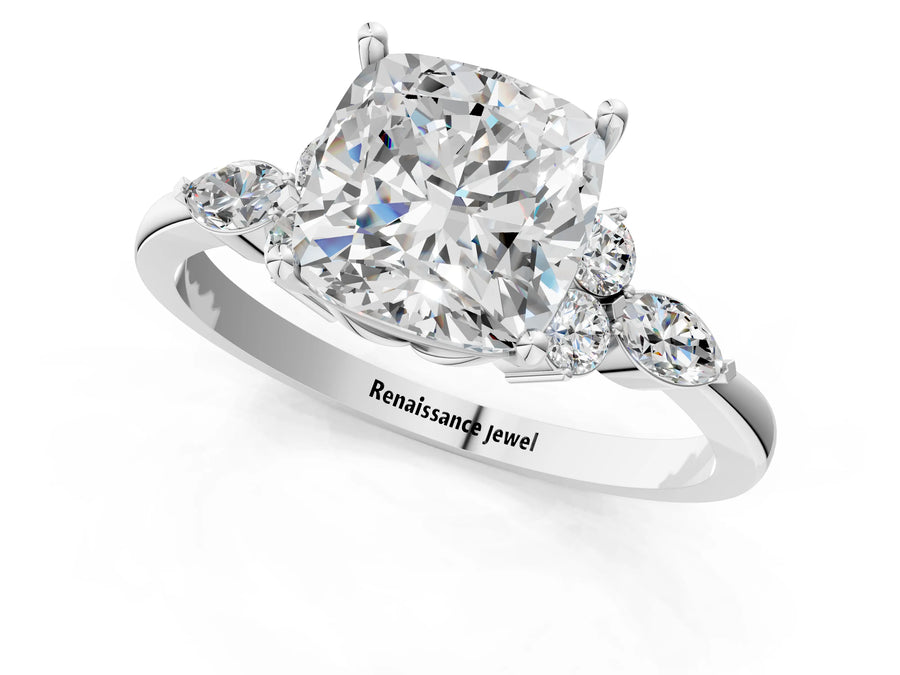 White gold Cushion Cut Brilliant Diamond Solitaire Ring with Pear Side Stones and Four-Prong Setting
