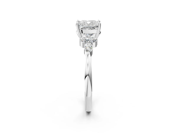 White gold Cushion Cut Brilliant Diamond Solitaire Ring with Pear Side Stones and Four-Prong Setting