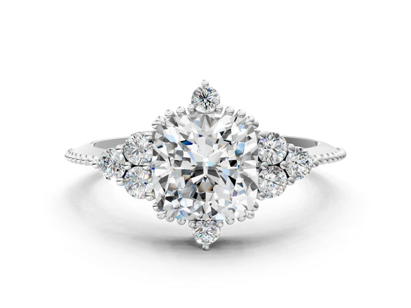 White gold Round Brilliant Diamond with Cluster Setting on a Beaded Band and Four-Prong Setting