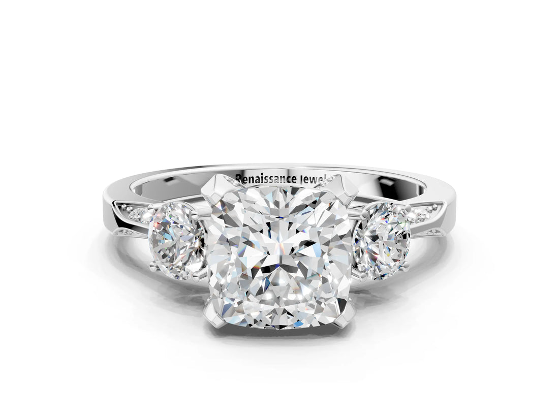 White gold Cushion Cut Brilliant Three-Stone Diamond Ring with Pavé Band and Four-Prong Setting_7
