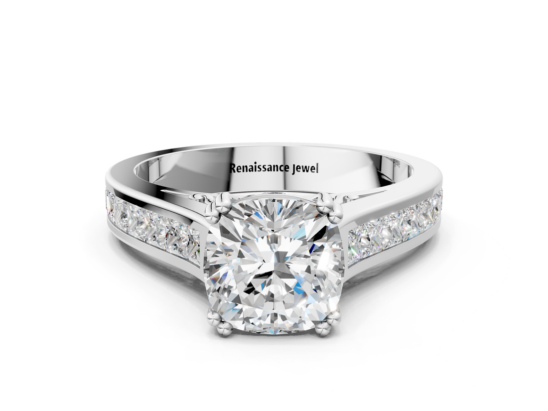 White gold Cushion Cut Channel Set Solitaire Engagement Ring with Prong Setting_58