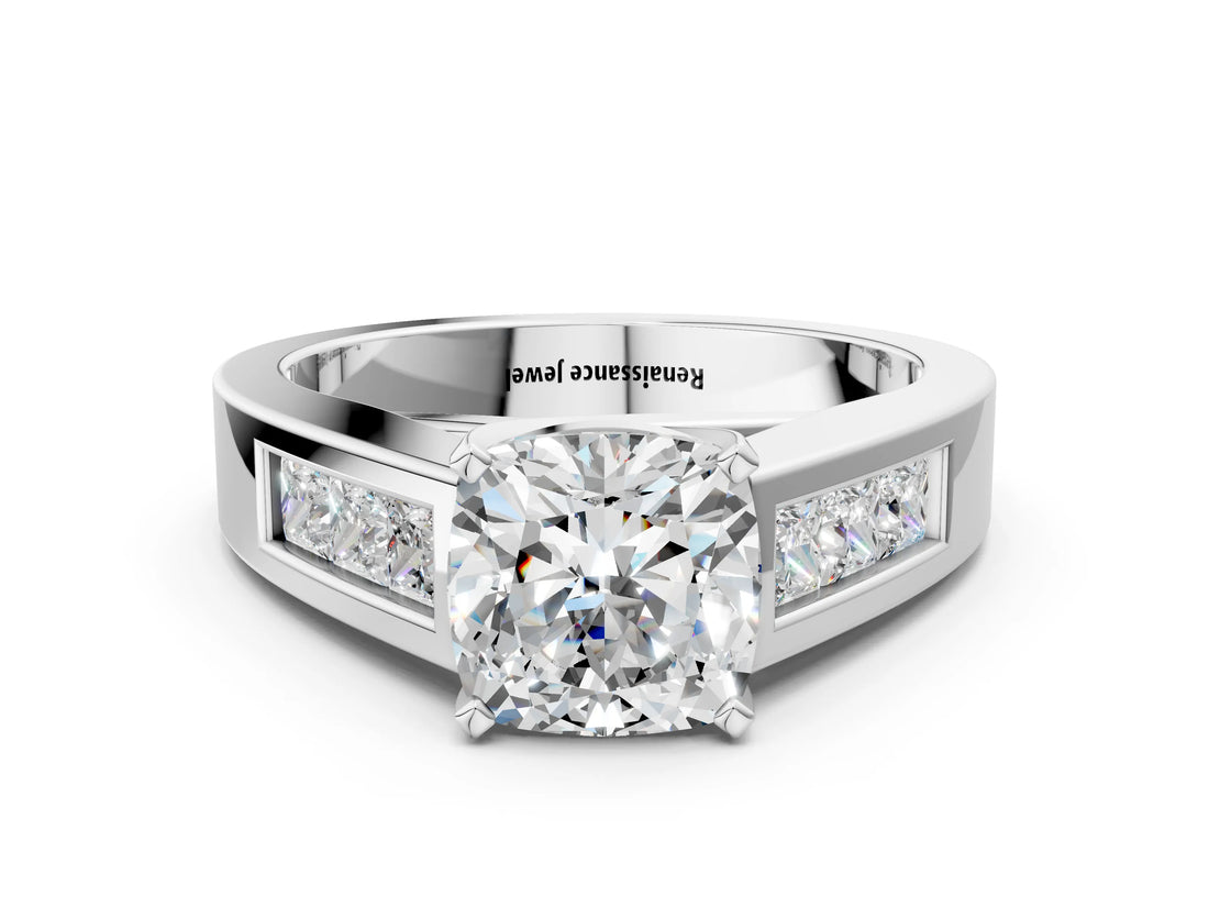 White gold Cushion Cut Channel Set Solitaire Ring with Four-Prong Setting_6