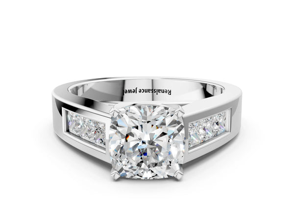 Sterling Silver Cushion Cut Engagement Ring Setting with Channel-Set Princess Cut Side Accents