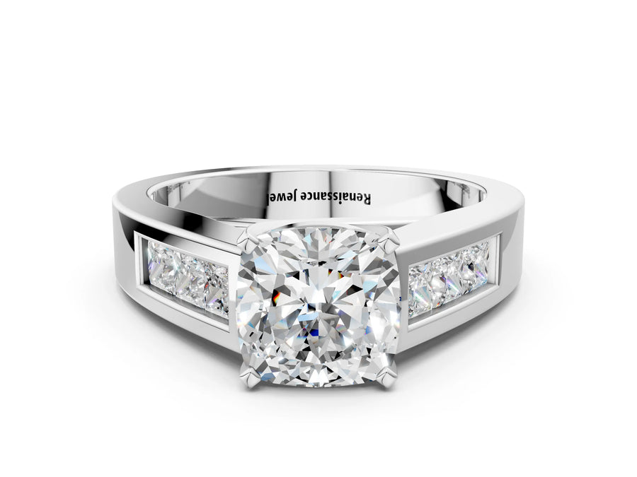 White gold Cushion Cut Channel Set Solitaire Ring with Four-Prong Setting