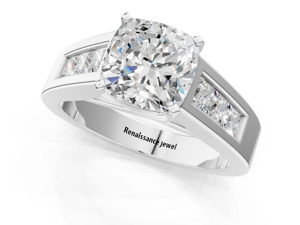 Platinum Cushion Cut Engagement Ring Setting with Channel-Set Princess Cut Side Accents