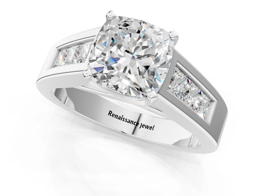 White gold Cushion Cut Channel Set Solitaire Ring with Four-Prong Setting