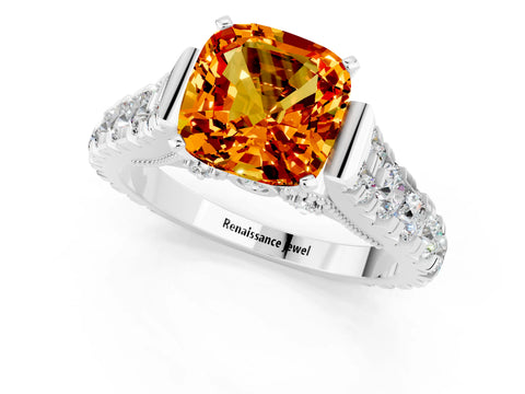 White gold Cushion Cut Citrine Classic Solitaire Ring with Pavé Band and Four-Prong Setting_1