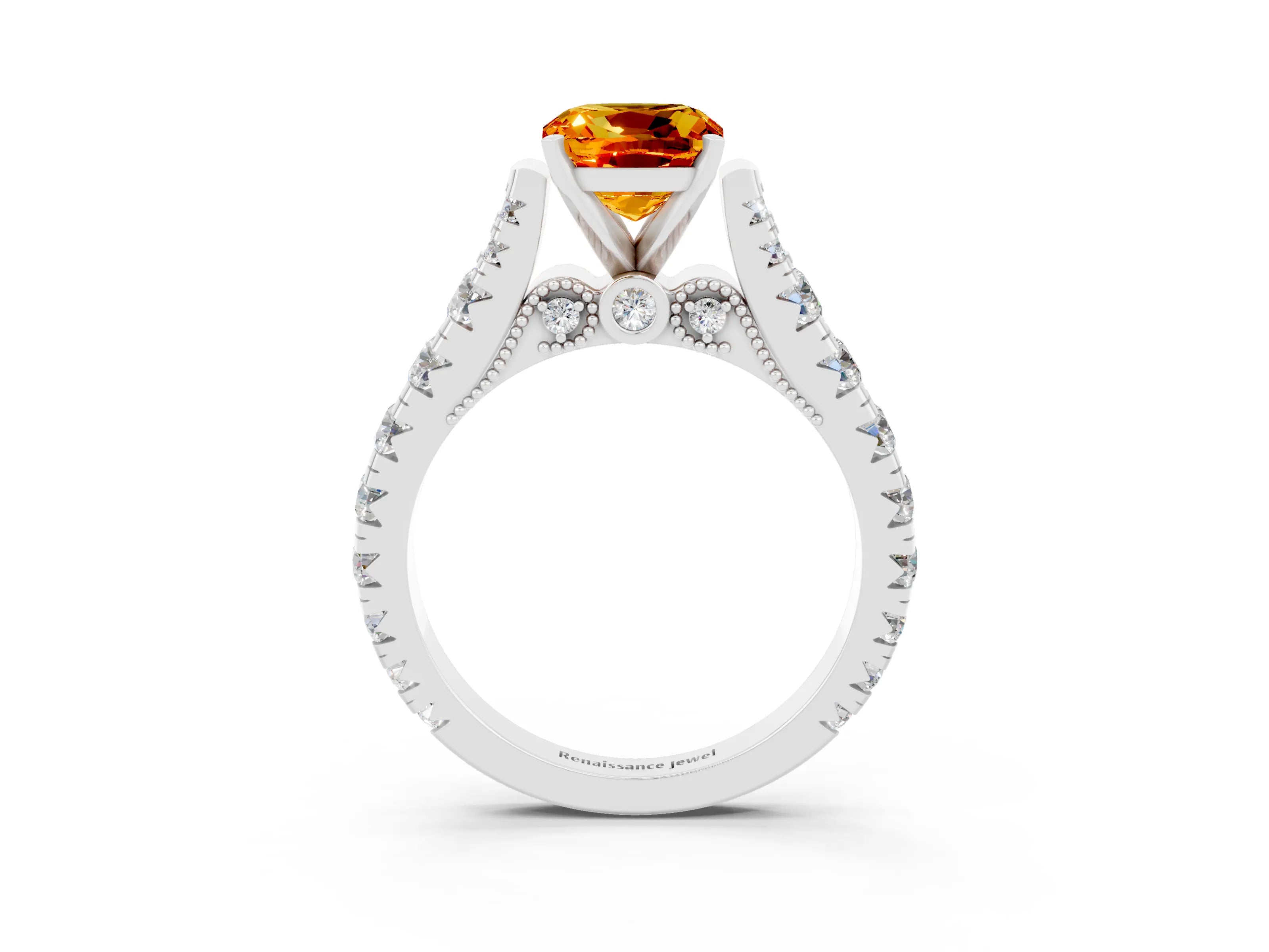 White gold Cushion Cut Citrine Classic Solitaire Ring with Pavé Band and Four-Prong Setting_3