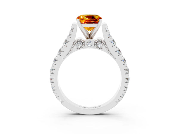 Silver Cushion Cut Citrine Classic Solitaire Ring with Pavé Band and Four-Prong Setting