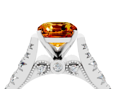 White gold Cushion Cut Citrine Classic Solitaire Ring with Pavé Band and Four-Prong Setting_4