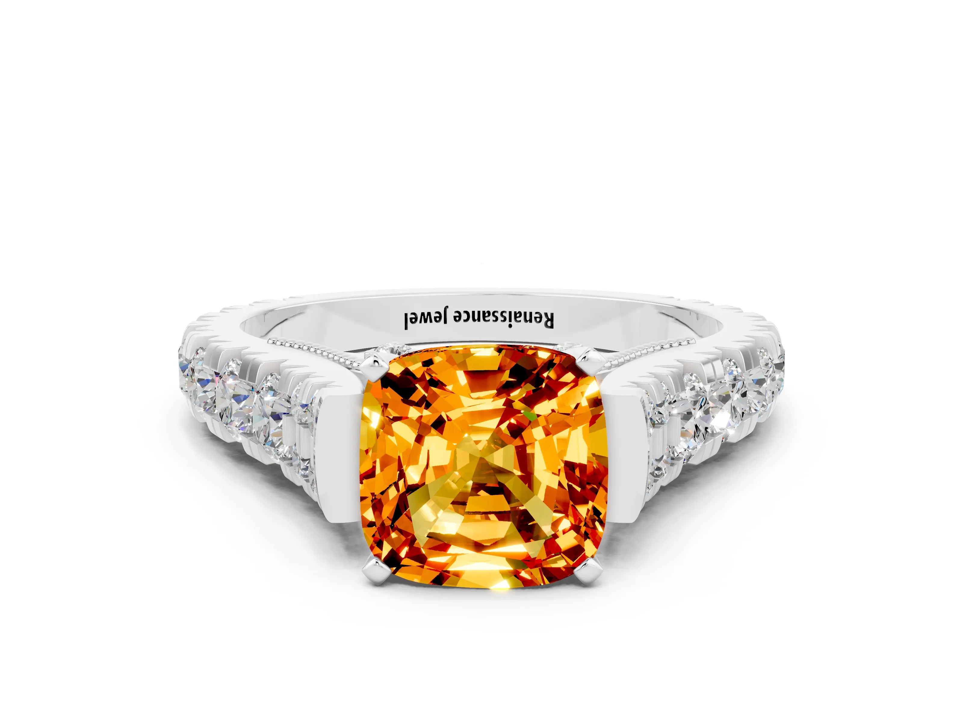 White gold Cushion Cut Citrine Classic Solitaire Ring with Pavé Band and Four-Prong Setting