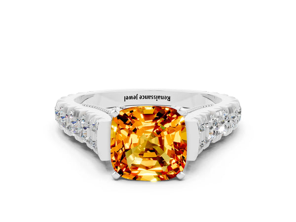 Silver Cushion Cut Citrine Classic Solitaire Ring with Pavé Band and Four-Prong Setting
