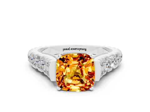 White gold Cushion Cut Citrine Classic Solitaire Ring with Pavé Band and Four-Prong Setting