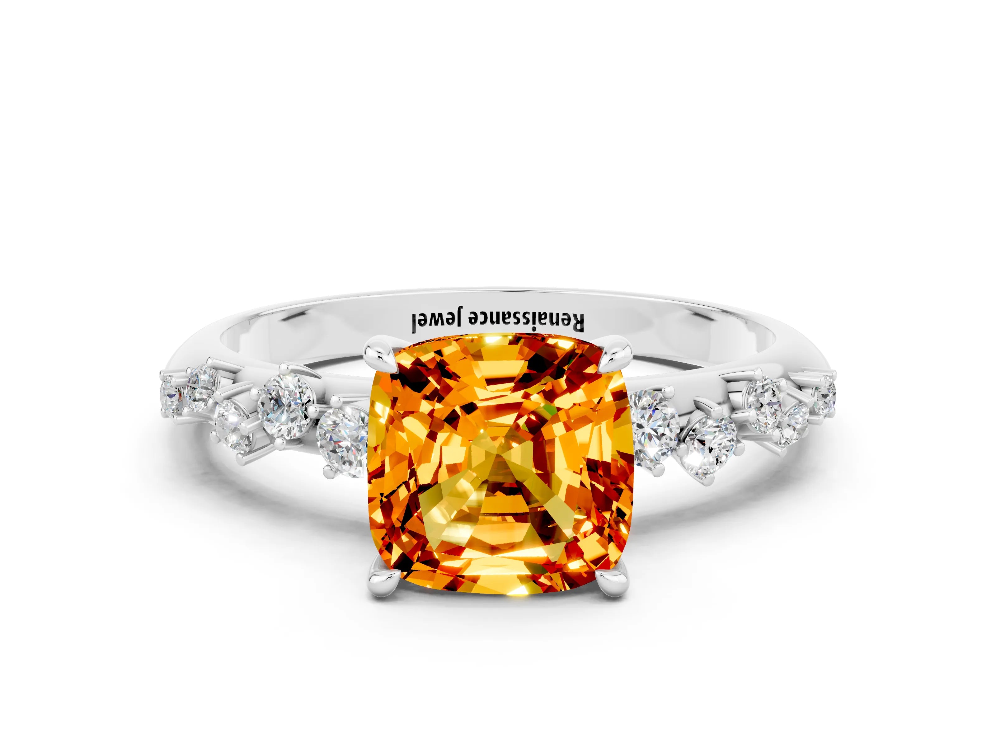 White gold Cushion Cut Citrine Cluster Side Stone Solitaire Ring with Prong Setting_24