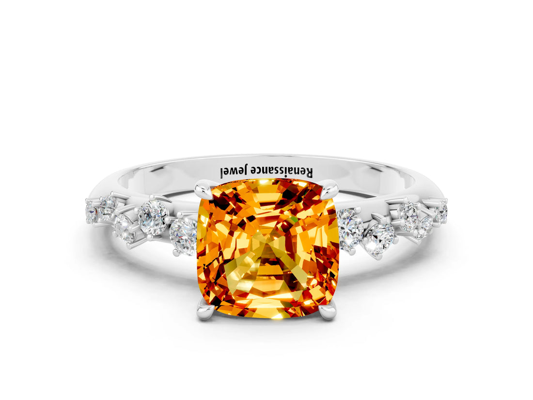 White gold Cushion Cut Citrine Cluster Side Stone Solitaire Ring with Prong Setting_24