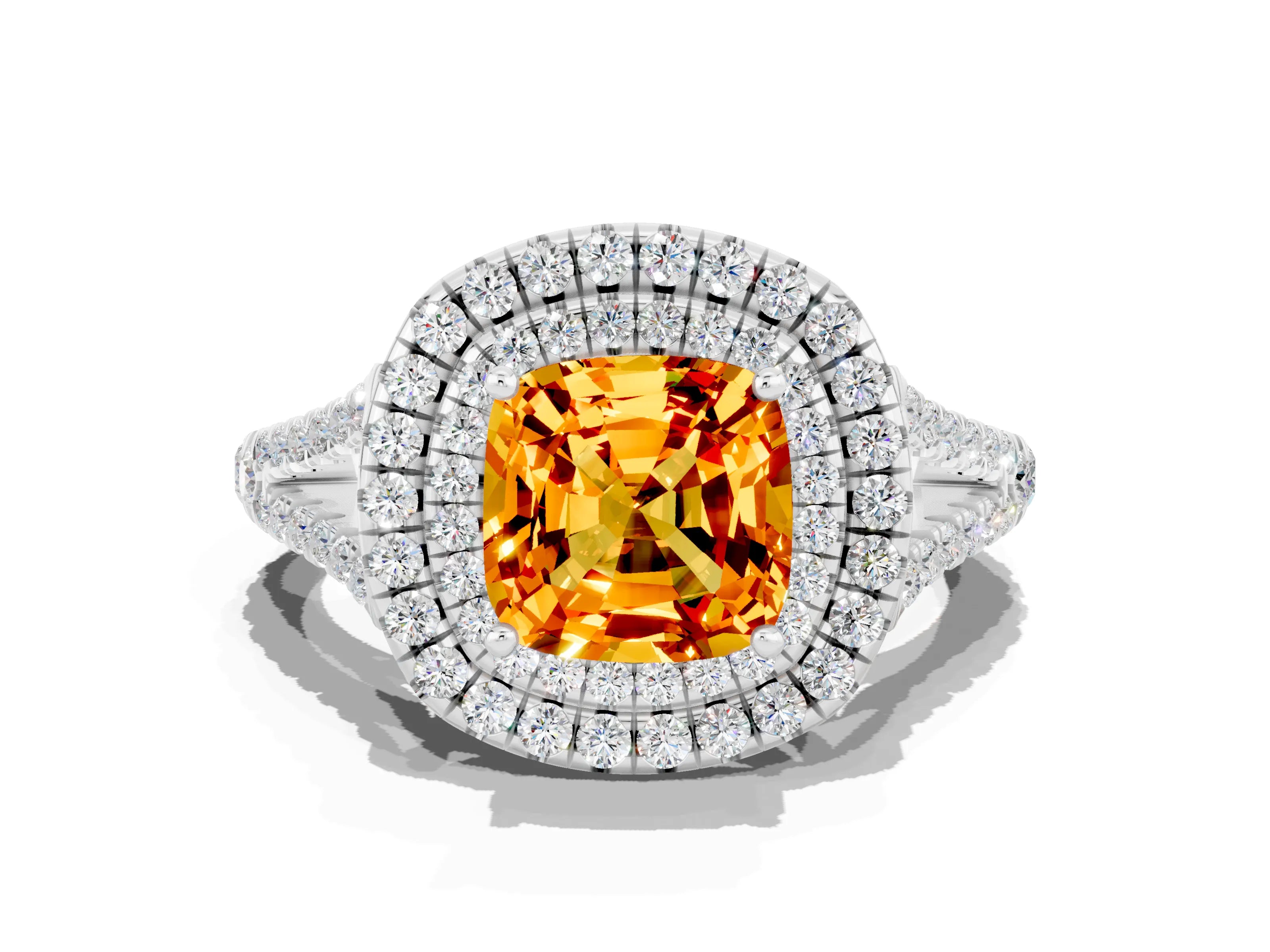 White gold Cushion Cut Citrine Double Halo Ring with Pavé Band and Prong Setting_12