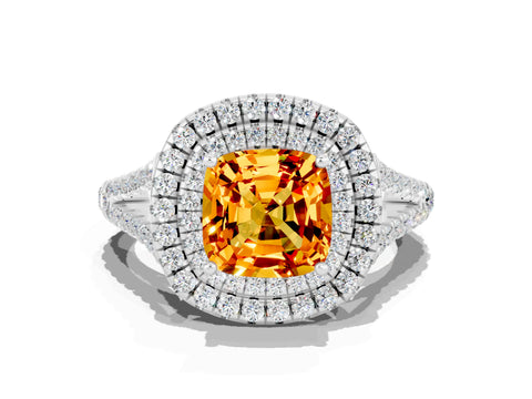 White gold Cushion Cut Citrine Double Halo Ring with Pavé Band and Prong Setting_12