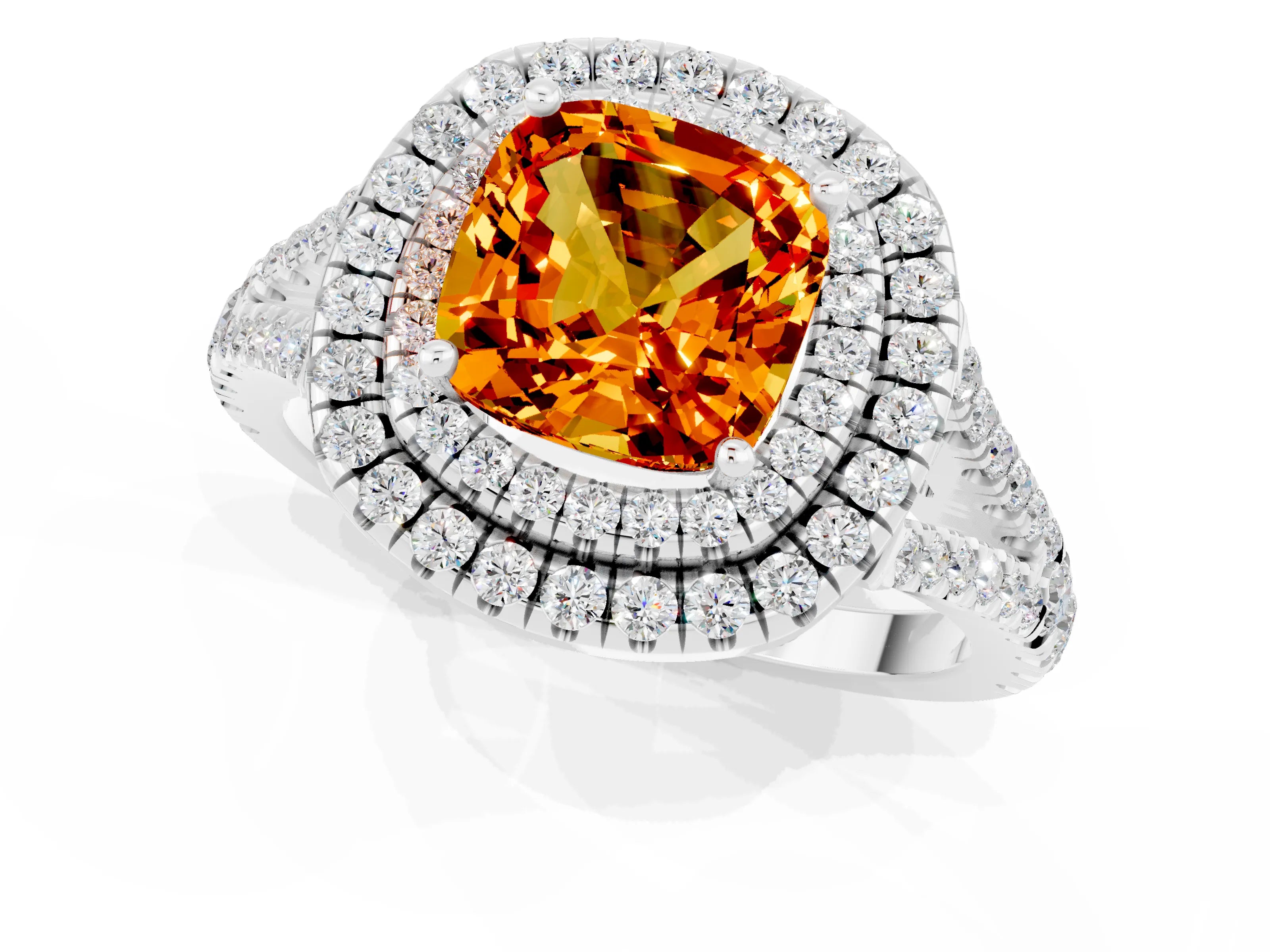 White gold Cushion Cut Citrine Double Halo Ring with Pavé Band and Prong Setting_13