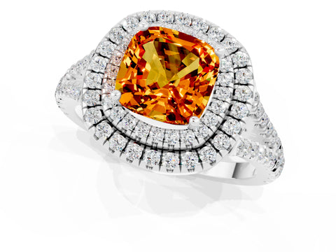 White gold Cushion Cut Citrine Double Halo Ring with Pavé Band and Prong Setting_13