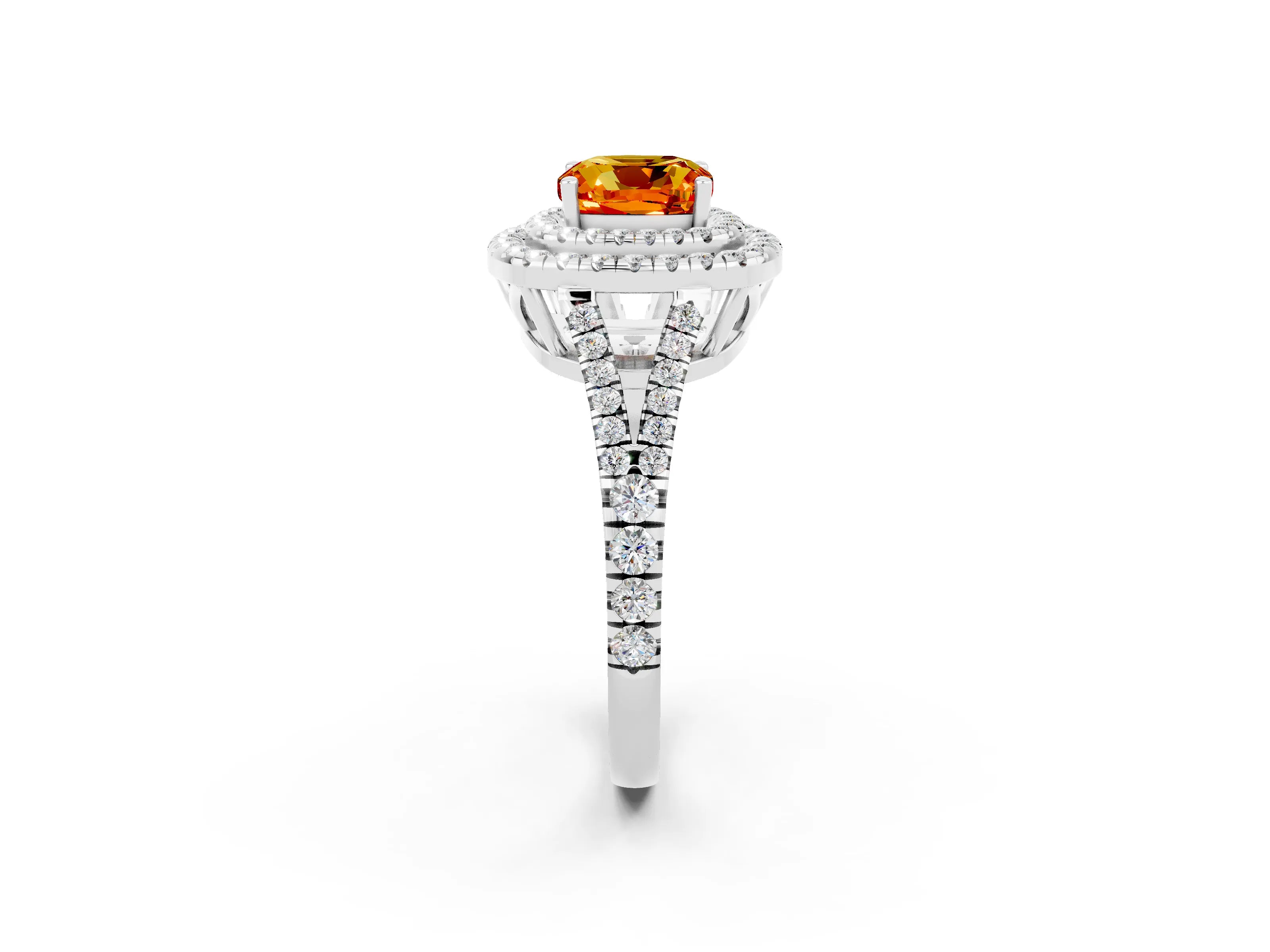 White gold Cushion Cut Citrine Double Halo Ring with Pavé Band and Prong Setting_14