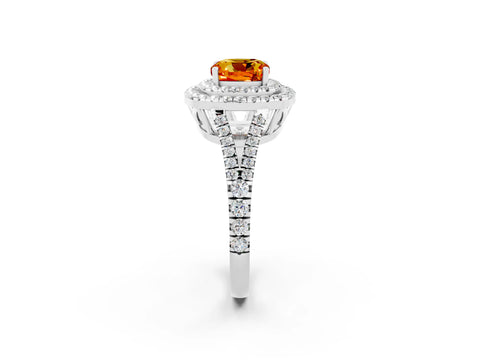 White gold Cushion Cut Citrine Double Halo Ring with Pavé Band and Prong Setting_14
