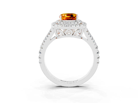 White gold Cushion Cut Citrine Double Halo Ring with Pavé Band and Prong Setting_15