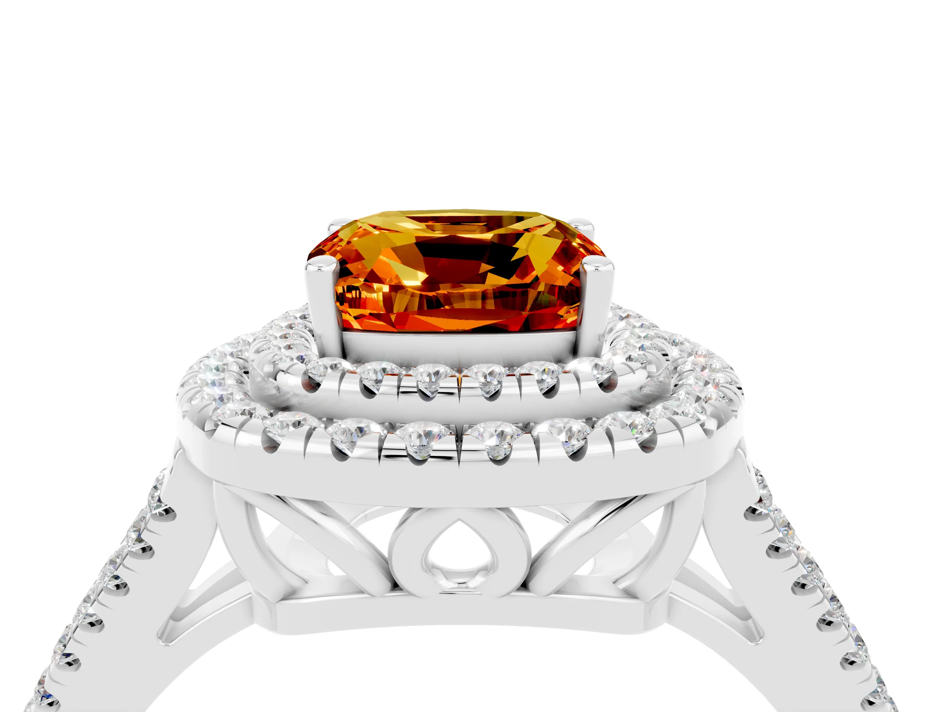 White gold Cushion Cut Citrine Double Halo Ring with Pavé Band and Prong Setting_16