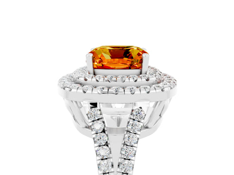 White gold Cushion Cut Citrine Double Halo Ring with Pavé Band and Prong Setting_17
