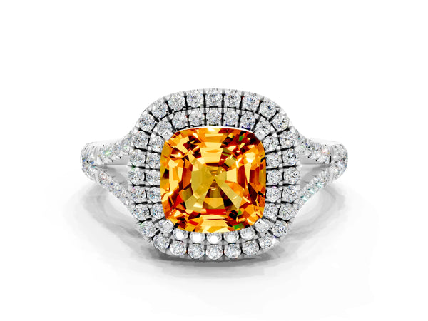 Silver Cushion Cut Citrine Double Halo Ring with Split Shank and Prong Setting