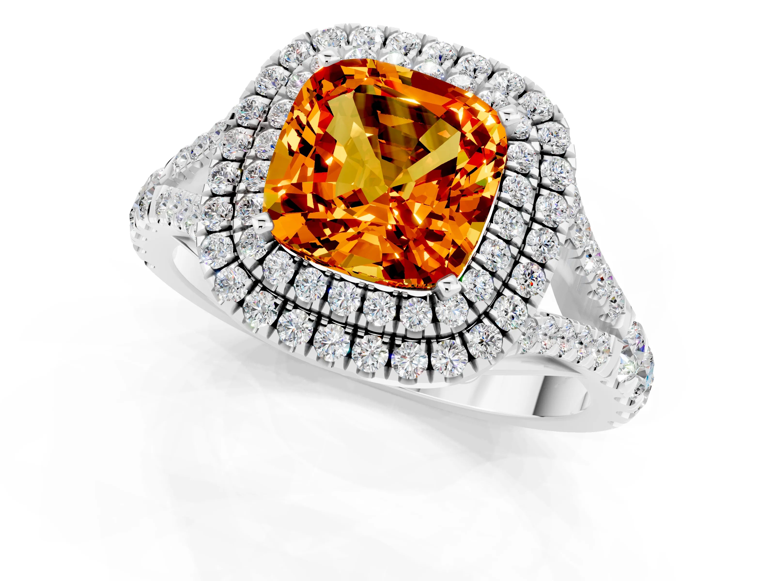 White gold Cushion Cut Citrine Double Halo Ring with Split Shank and Prong Setting_13