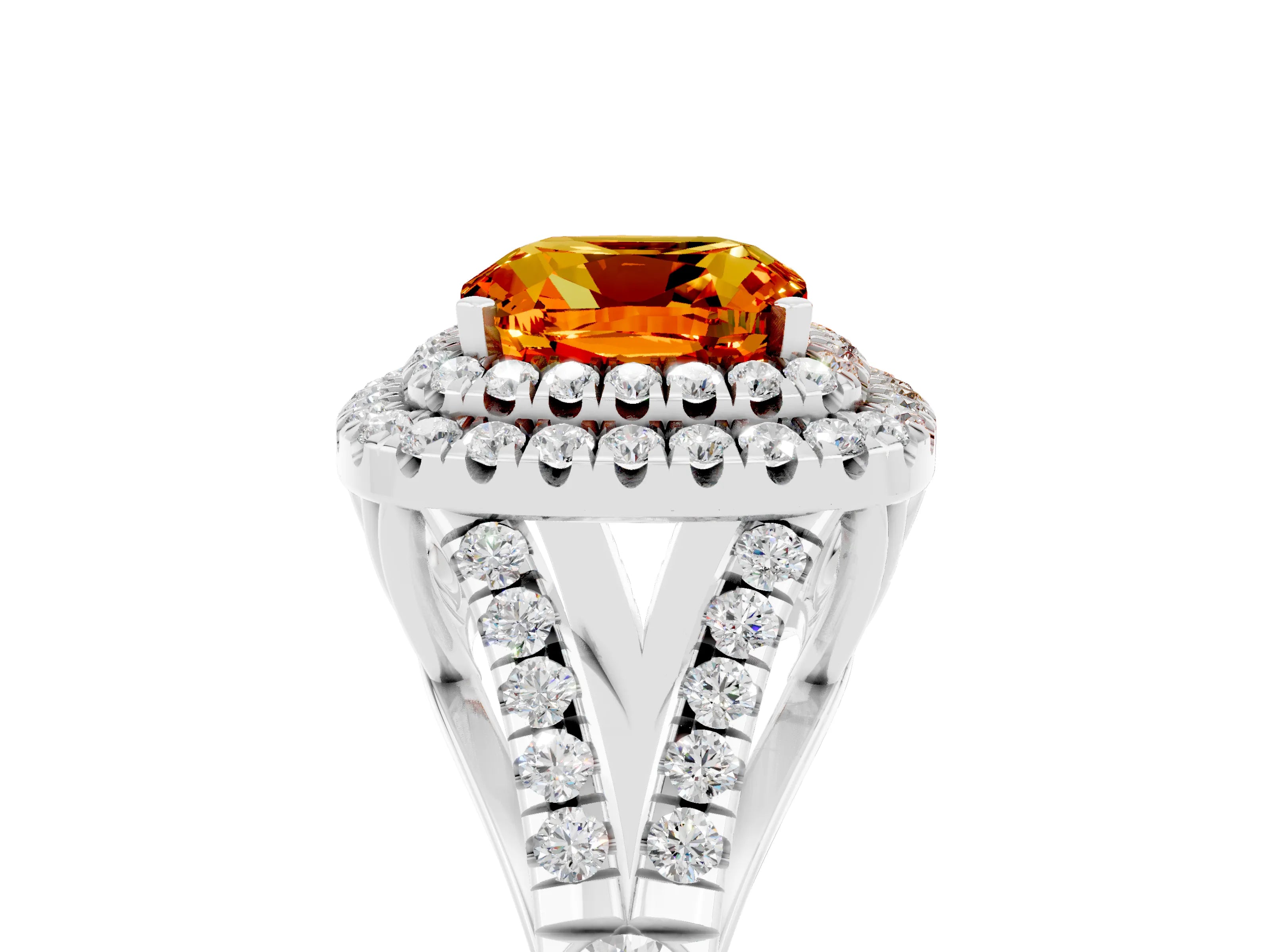 White gold Cushion Cut Citrine Double Halo Ring with Split Shank and Prong Setting_17