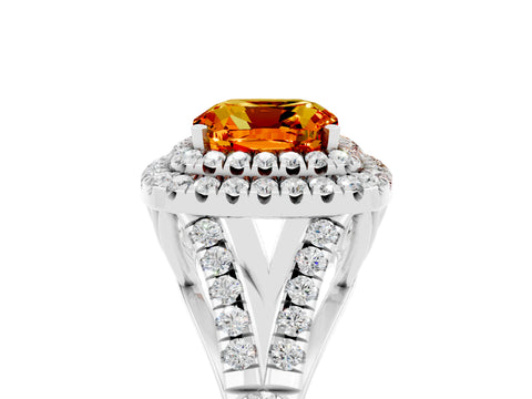 White gold Cushion Cut Citrine Double Halo Ring with Split Shank and Prong Setting_17