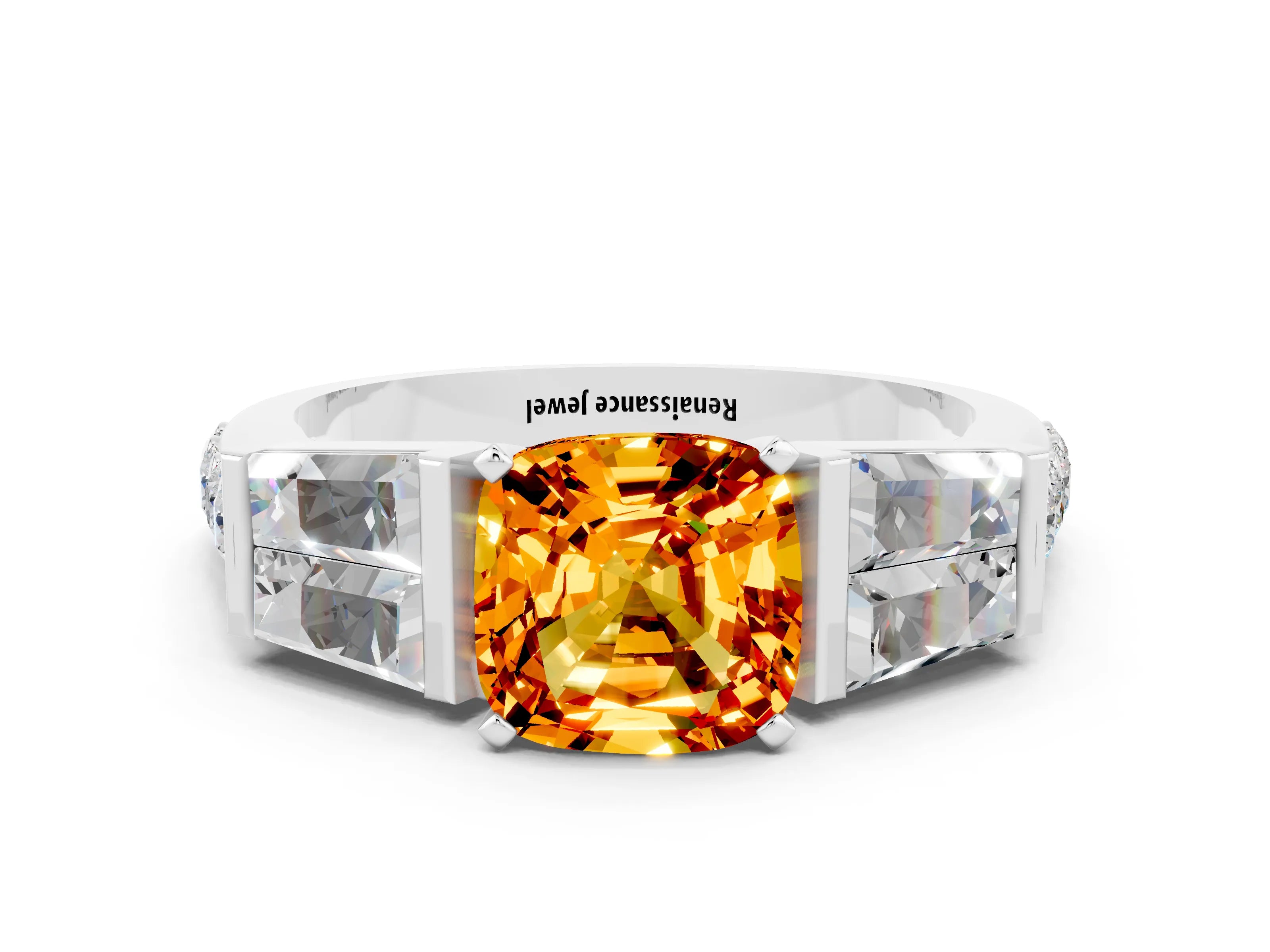 White gold Cushion Cut Citrine Engagement Ring with Baguette Side Stones and Channel Set Band