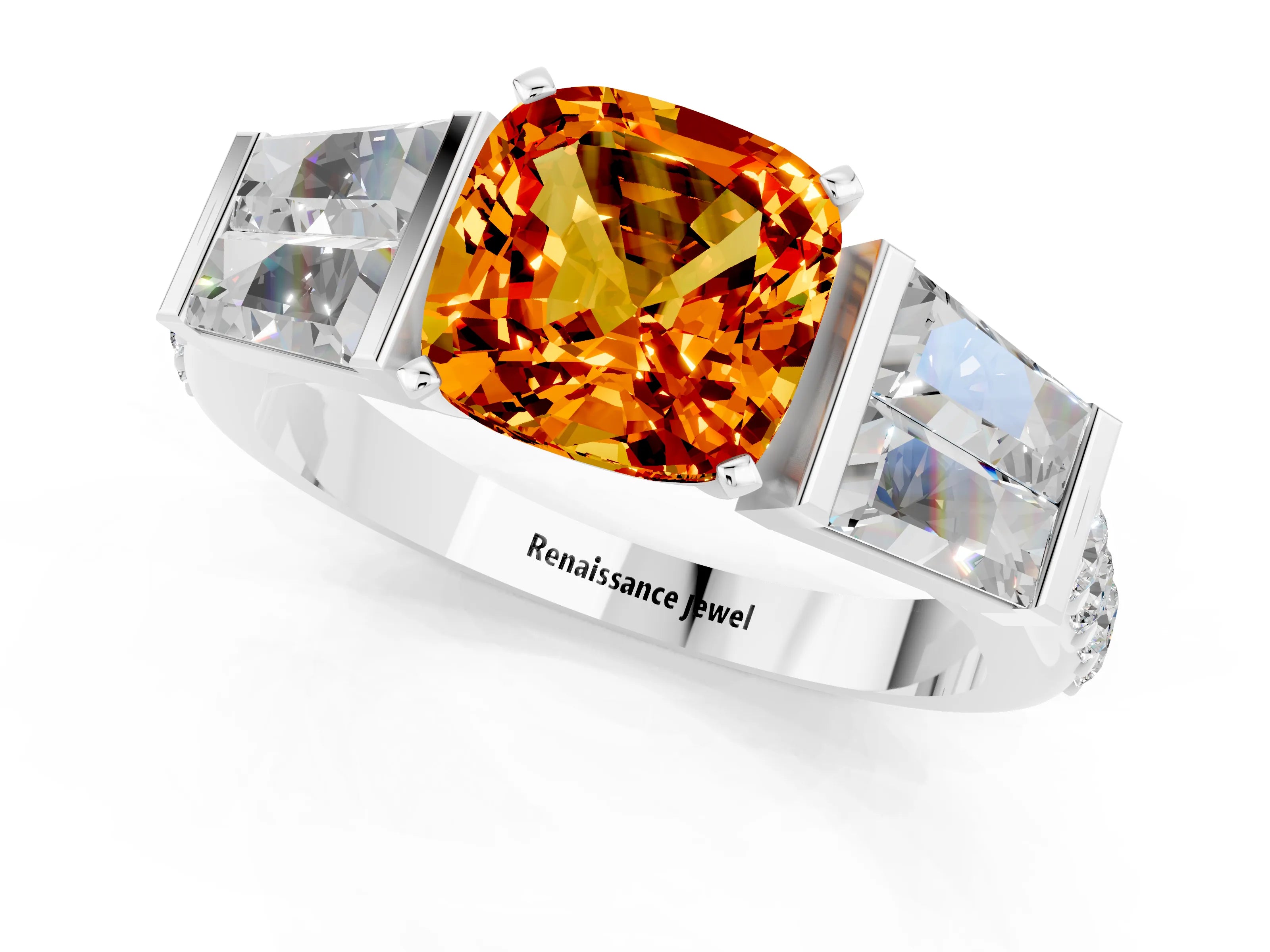White gold Cushion Cut Citrine Engagement Ring with Baguette Side Stones and Channel Set Band_1